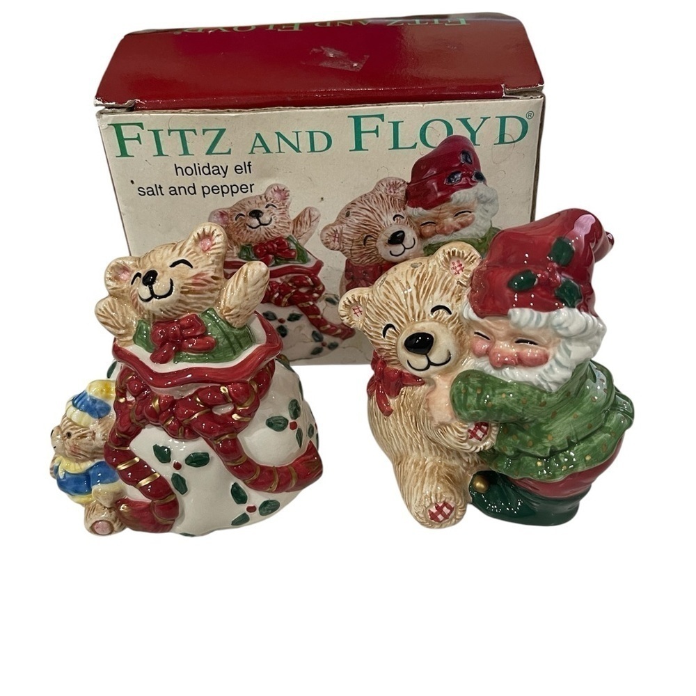 Fitz and Floyd Ceramic Holiday Elf Salt and Pepper Shaker Bears and Santa